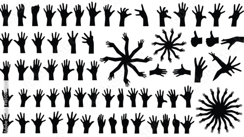 Collection of black hand silhouettes on white background vector