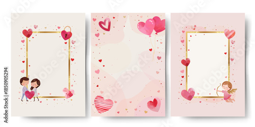Valentine's Day card templates. Watercolor frames with hearts, angel and couple. Blank greeting cards with hearts