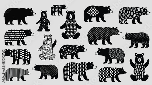 Stylish Black and White Bear Vector Collection Scandinavian Folk Art Patterned Woodland Animals Illustration Set