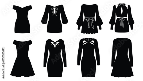 Eight black dress silhouettes on white background vector