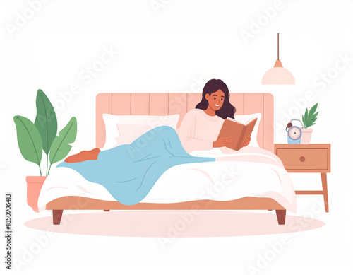 A young woman relaxing in bed, reading a book under a blue blanket in a cozy bedroom.