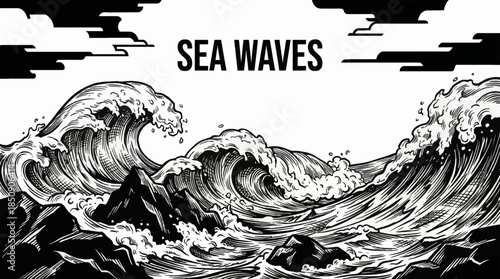 black and white sketch of breaking sea waves crashing forward, using bold lines and sharp motion to convey strength and continuous ocean movement
