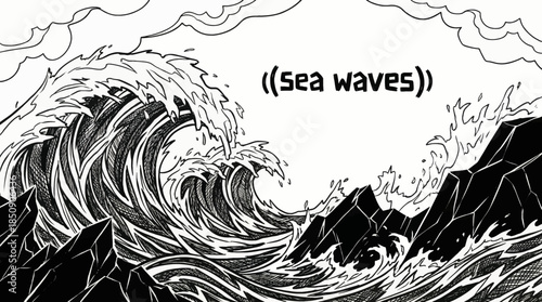 black and white sketch of breaking sea waves crashing forward, using bold lines and sharp motion to convey strength and continuous ocean movement