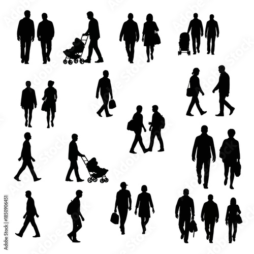 Silhouettes of people walking and pushing strollers in various directions.