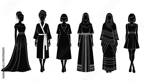 Six women in various traditional and modern dresses isolated on white background vector