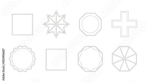 Collection of geometric shapes and frames with outline designs on white background vector