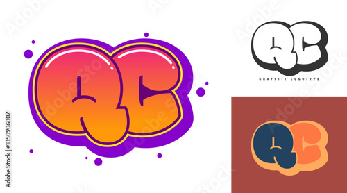 QC logo design for festival or party. Initial letter q and c in graffiti style. Creative modern lettering company name of font typography. Kids trendy logotype or identity.