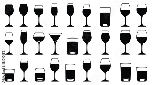 Collection of wine glasses and tumblers isolated on white background vector