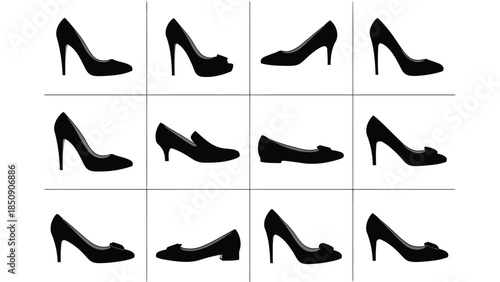 Collection of black high-heeled shoes on white background vector