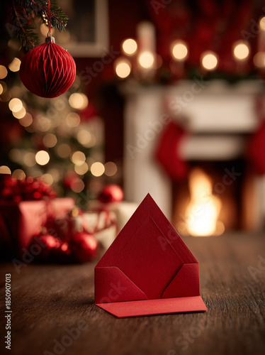 Red Paper on Table with Christmas Decorations, Fireplace, and Decorated Tree in Background