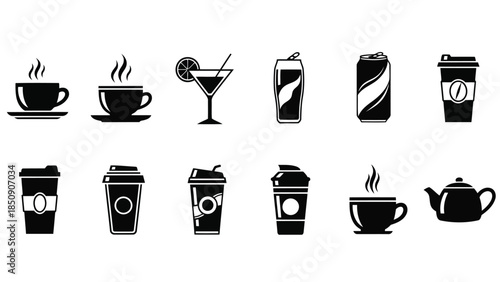 Black and white icons of various drinks and beverages on white background vector