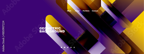 Abstract geometric background. Purple, yellow gradients create dynamic shapes. Navigation includes work, about, portfolio, contact options.