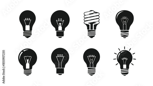 Eight black and white light bulb icons on white background vector