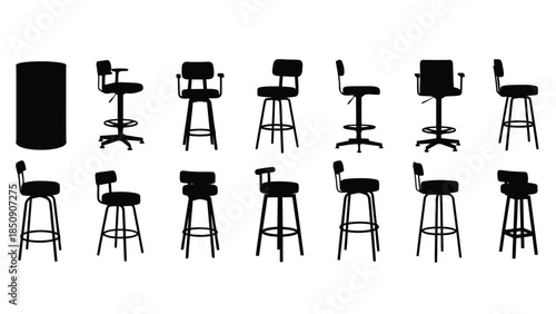 Collection of various black chair silhouettes on white background vector