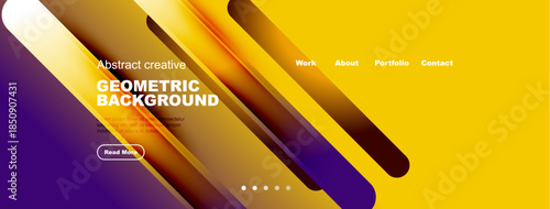 Abstract geometric background. Vibrant colors blend, creating dynamic visual effect. Text overlays promote work, portfolio access.