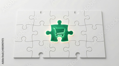 White jigsaw puzzle with glowing green shopping cart icon piece in the center