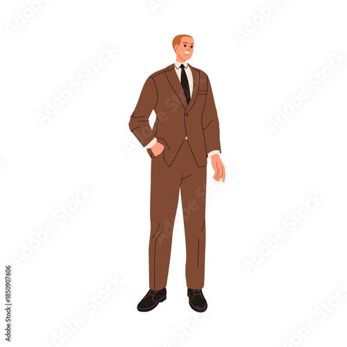 Man in elegant suit. Confident male in formal classic costume with tie. Happy groom. Bridegroom standing in tailored jacket and trousers, smiling. Flat vector illustration isolated on white background