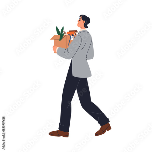 Office worker holding box with personal belongings, property, leaving job. Fired dismissed employee walking with cardboard after career change. Flat vector illustration isolated on white background