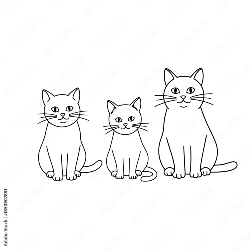 Fototapeta premium Three Adorable Cats Sitting in a Row Line Art.