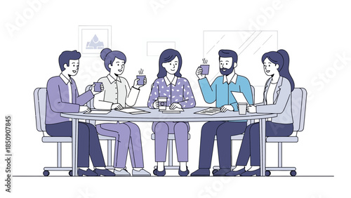 Modern team meeting with diverse professionals discussing ideas over coffee in a corporate office