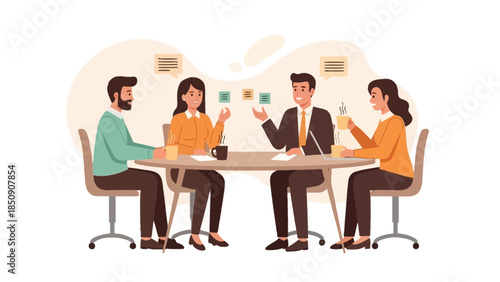 Business Meeting in Modern Office Setting with Four Professionals Engaged in Discussion