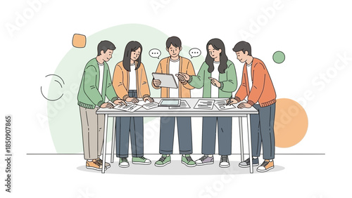 Collaborative Group of Young Students Discussing and Sharing Ideas Around a Study Table in a