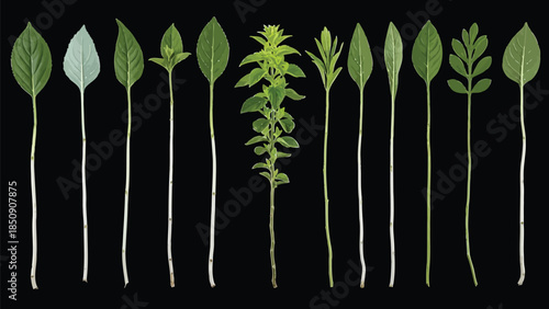 Various green leaves and stems on black background vector