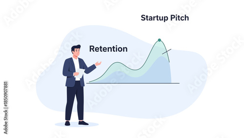 Businessman Presenting Startup Pitch and Retention Graph Illustration for Investment or Growth