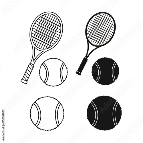 Tennis Rackets and Balls A Dynamic Sporting Duo in Black and White.