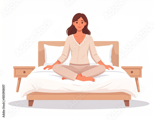 A woman meditating in a comfortable pose on a bed in a bedroom.