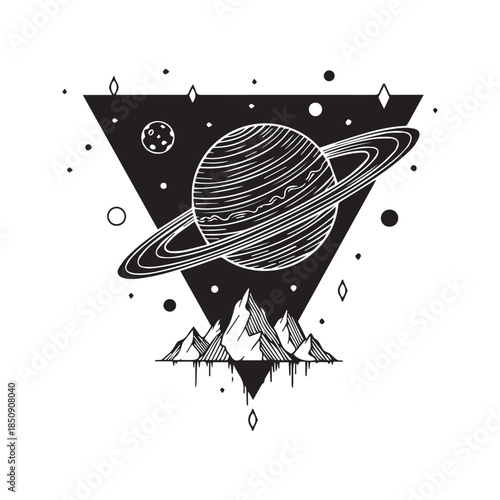 Geometric space vector illustration featuring Saturn, moon, and mountains inside an inverted triangle tattoo design.
