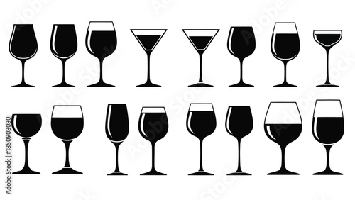 Collection of wine and cocktail glasses on white background vector