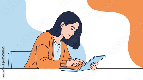 Young woman engaging with a tablet device in a modern digital workspace