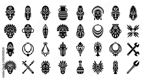Collection of tribal masks and symbolic icons on white background vector