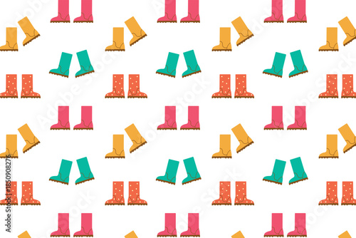 
Spring seamless pattern with rubber boots on a white background. Vector illustration.