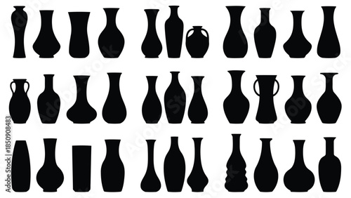 Collection of black vase silhouettes on white background vector