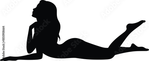 Black silhouette woman lying down on stomach relaxing pose vector illustration beauty model design graphic element isolated on white