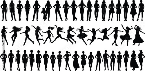Black silhouette woman set standing dancing jumping vector illustration fashion model collection design graphic element isolated on white