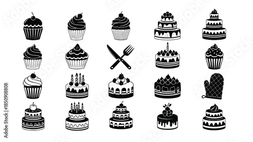 Black and white vector illustrations of various cakes and cupcakes isolated on white background