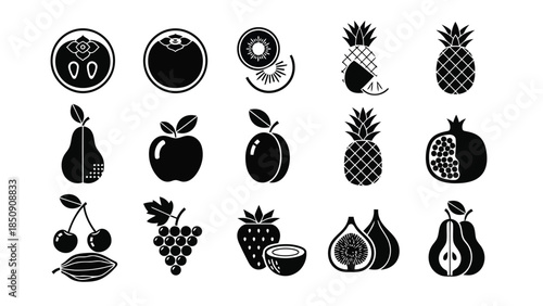 Black silhouettes of various fruits on white background vector