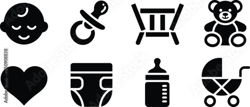 Baby care icon set featuring infant face, pacifier, crib, teddy bear, diaper, bottle and stroller symbols isolated on white background