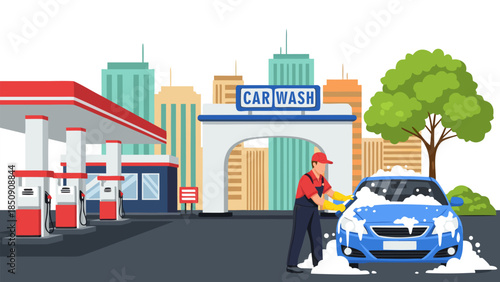 Professional worker washing a car at a modern facility, conveniently located next to a gas station with a vibrant city skyline