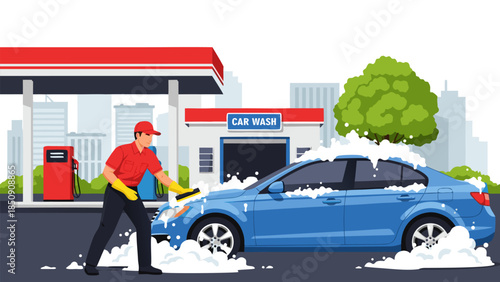 Efficient car wash service illustration, a worker diligently cleans a foamy blue vehicle at a modern auto station, showcasing professional vehicle care
