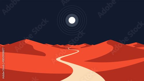 Stylized desert night scene with winding path through vast sand dunes under a concentric moon, a serene journey illustration