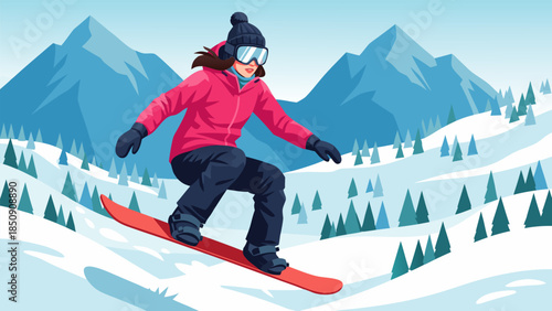 Captivating vector illustration of an active female snowboarder gracefully descending a pristine snowy slope, symbolizing winter adventure and outdoor sport