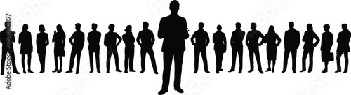 Black silhouette business team with leader standing in front group of people vector illustration corporate management design graphic element