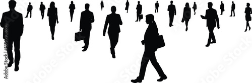 Black silhouette business people walking in perspective crowd vector illustration corporate office commuters design graphic element isolated on white