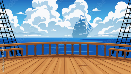 Wooden ship deck overlooking a vast blue ocean, with a distant vessel sailing under dramatic clouds, inviting maritime adventure