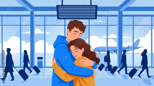 Emotional embrace between a couple at a bustling airport terminal, illustrating a heartfelt reunion or a tender departure, capturing travel memories