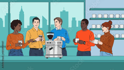 Diverse Group of Professionals and Friends Enjoying Coffee and Vibrant Conversation in a Modern Urban Cafe Setting